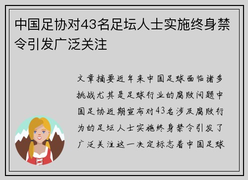 中国足协对43名足坛人士实施终身禁令引发广泛关注 中国足协对43名足坛人士实施终身禁令引发广泛关注